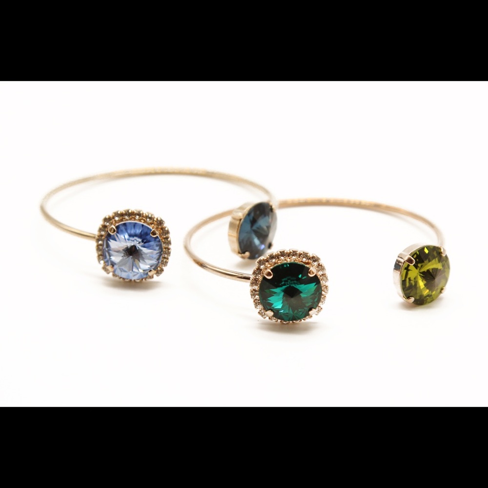 Gold Open Cuff Bracelet | Emerald Olive Crystal Halo Bangle | Statement Jewelry - Picture 3 of 4